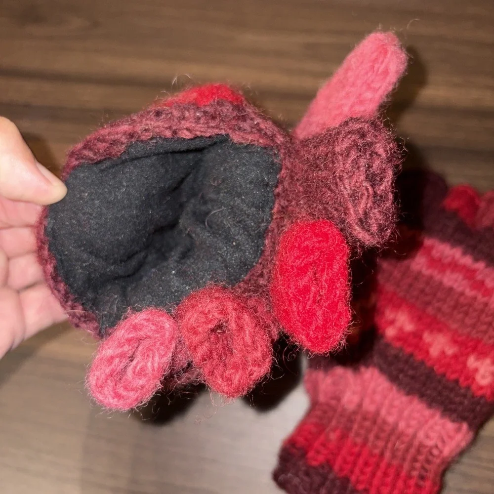 Made In Nepal Wool Fleece Lined Fingerless Gloves Convertible Mittens Red Pink